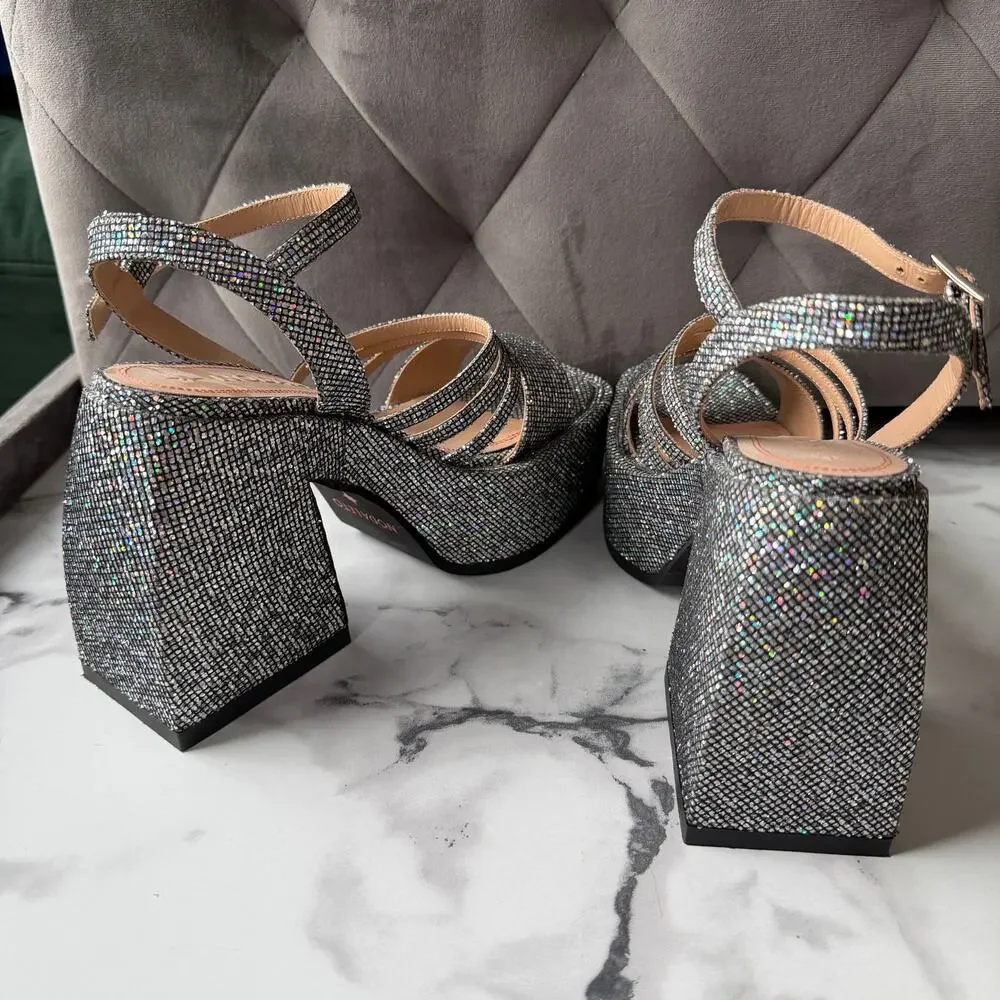 Nodaleto Disco Silver Glitter Platform Heels Size EU 38